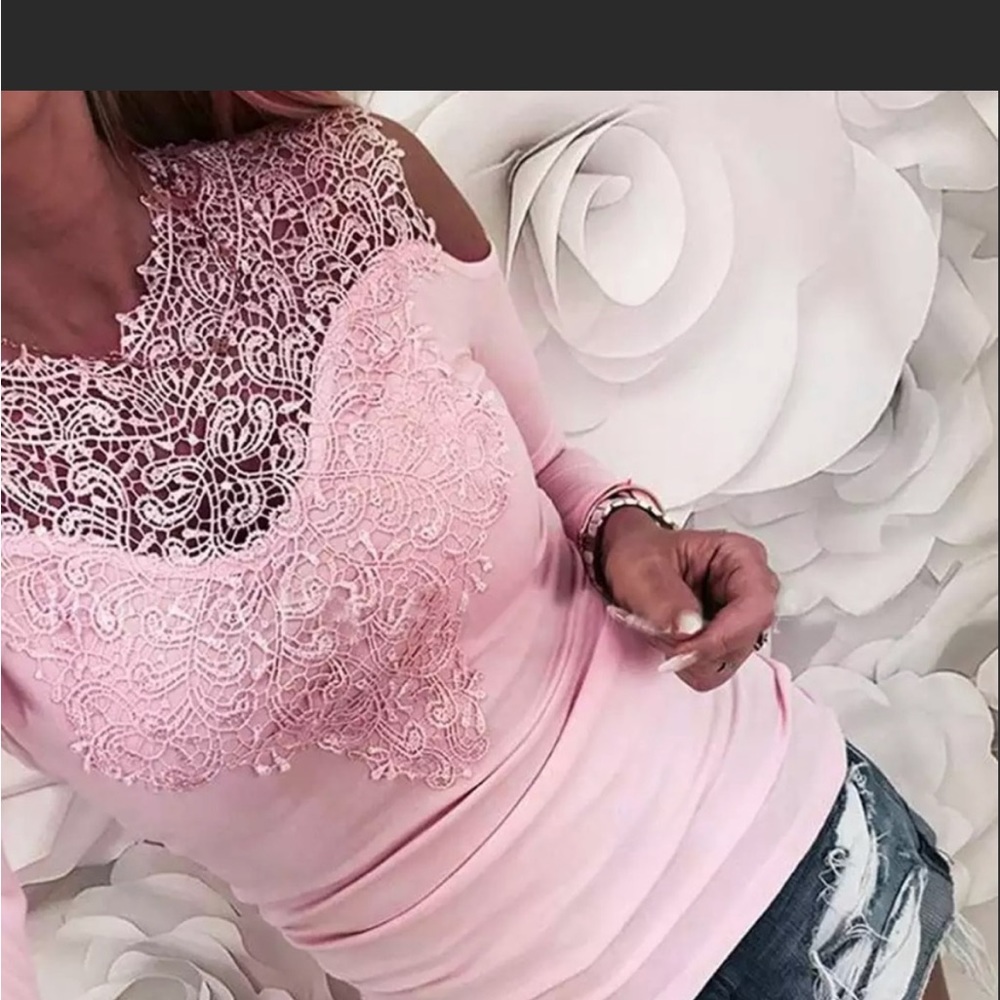 NWOT light pink Lace covered chest area and mid area with open shoulders shirt